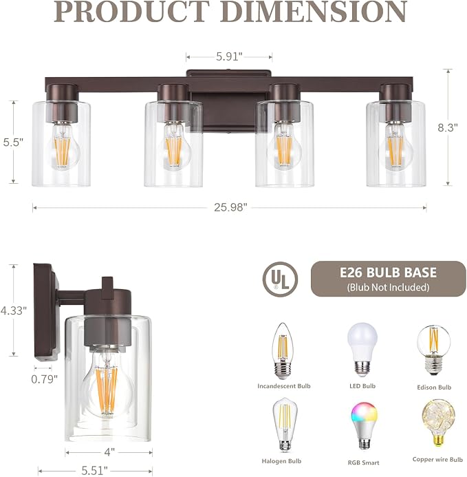 4-Light Bathroom Light Fixtures Modern Oil Rubbed Bronze Vanity Lights - Image 3
