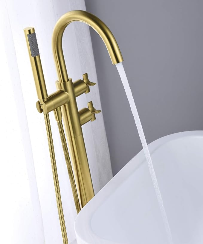 Freestanding Tub Filler Bathtub Faucet Brushed Gold Floor Mount Brass Bathroom - Image 5