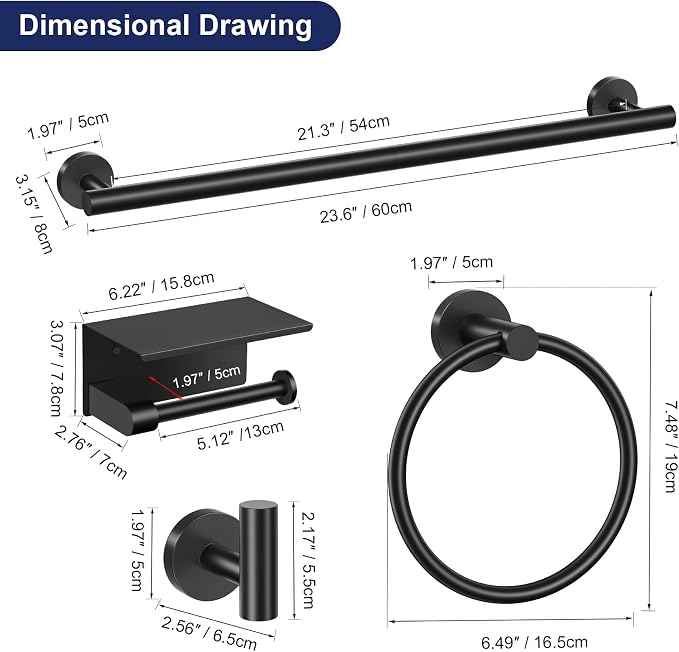 5-Piece Towel Bar Set Black Bathroom Hardware Accessories Set Upgraded Toilet - Image 7