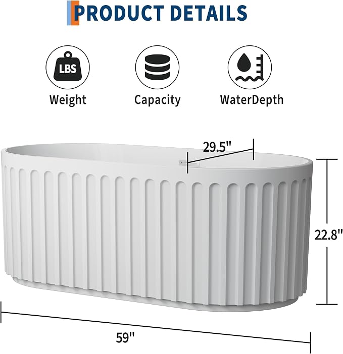 59"Acrylic Freestanding Bathtub, Modern Soaking Tub - Image 2