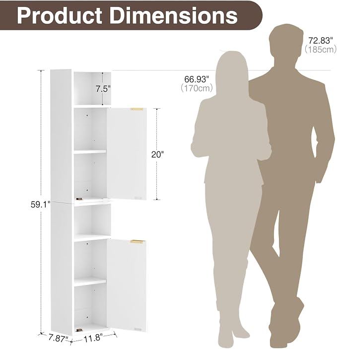 59.1" Tall Slim Bathroom Storage Cabinet White | Freestanding or Wall Mounted - Image 2