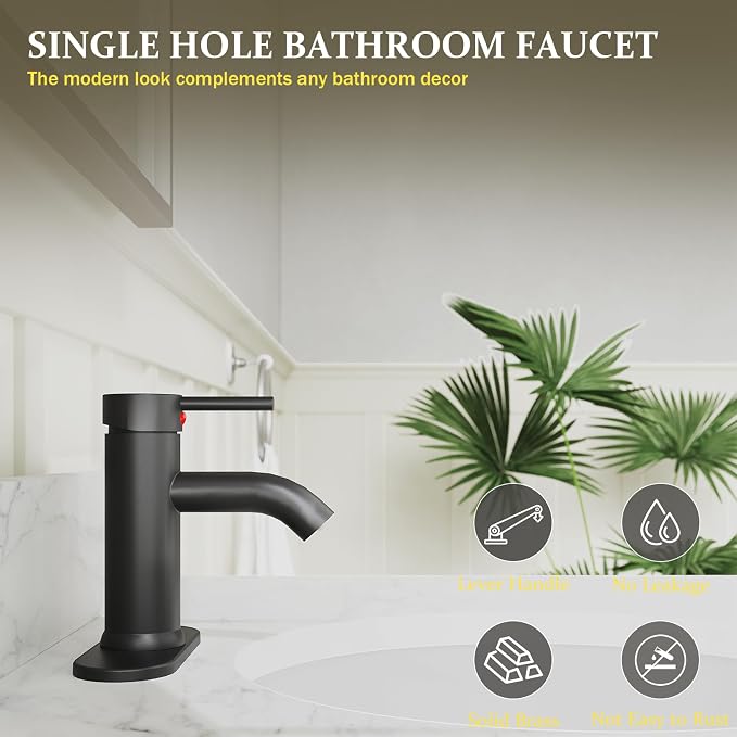 Matte Black Bathroom Faucet, Single Hole Single Handle Bathroom Sink Faucets - Image 3