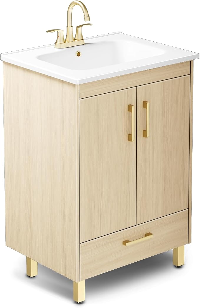 phiestina Fully Pre-Assembled 24 Inch Bathroom Vanity, Oak Bathroom Sink Cabinet by Phiestina