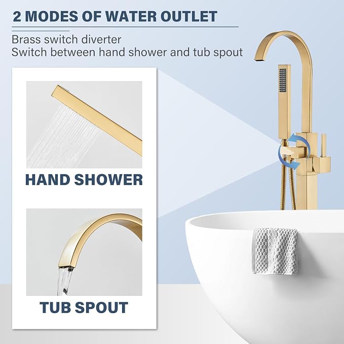 Freestanding Bathtub Faucet Floor Mounted Tub Filler Brushed Gold Single Handle - Image 4