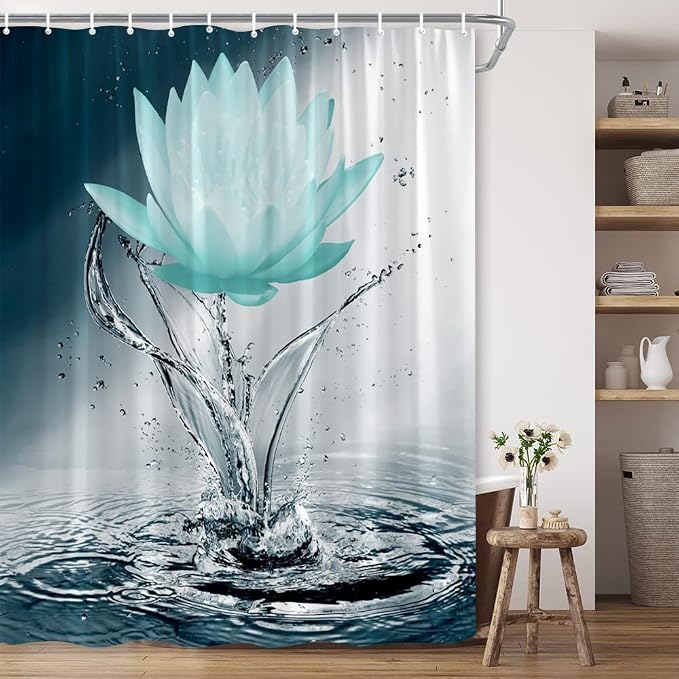 Lotus Shower Curtain Black White Blue Teal Flower Elegant Blooming Floral - Image 4
