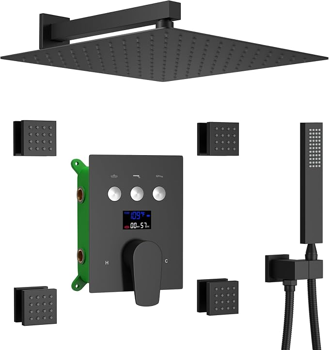 Matte Black Shower System with Body Jets, 12 inch Wall Mounted Shower Head and by KATAIS