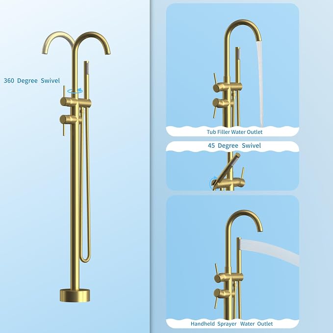 Freestanding Bathtub Faucet, Tub Filler Floor Mount Stand Bathtub Faucet Brass - Image 4