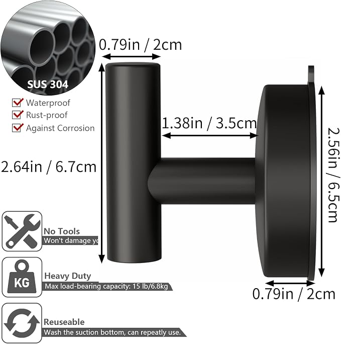 DGYB Large Suction Cup Hooks for Shower Set of 2 Black Towel Hooks for - Image 6