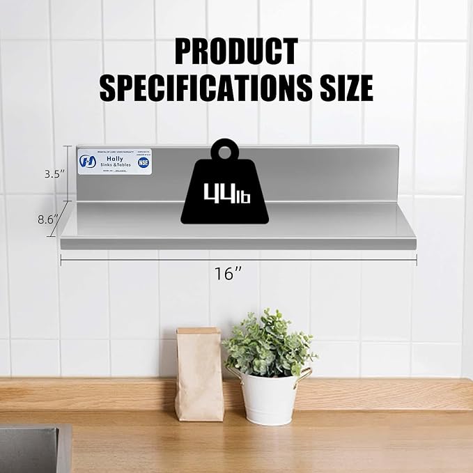 HALLY Stainless Steel Wall Shelf 8.6 x 16 Inches 44 lb, NSF Commercial Heavy - Image 3