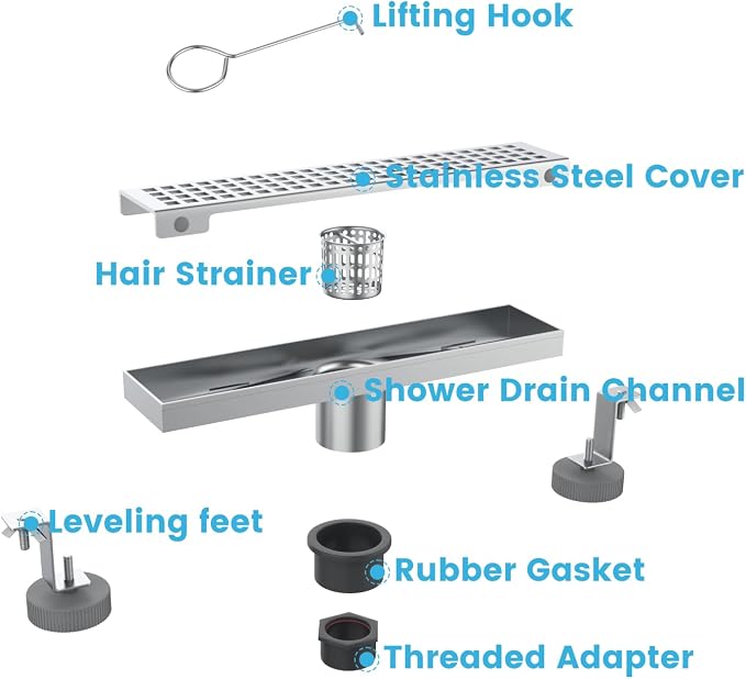 12 Inch Rectangular Shower Floor Drain, Brushed Nickel High Flow Shower Drain - Image 3