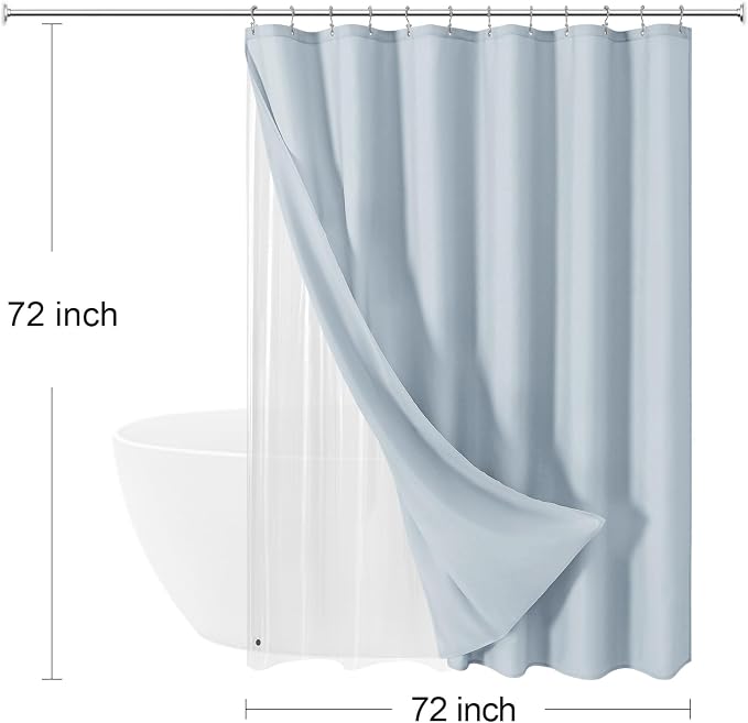 MitoVilla 3 in 1 Shower Curtain Set, FogBlue Boho Farmhouse Linen Textured Bath - Image 7