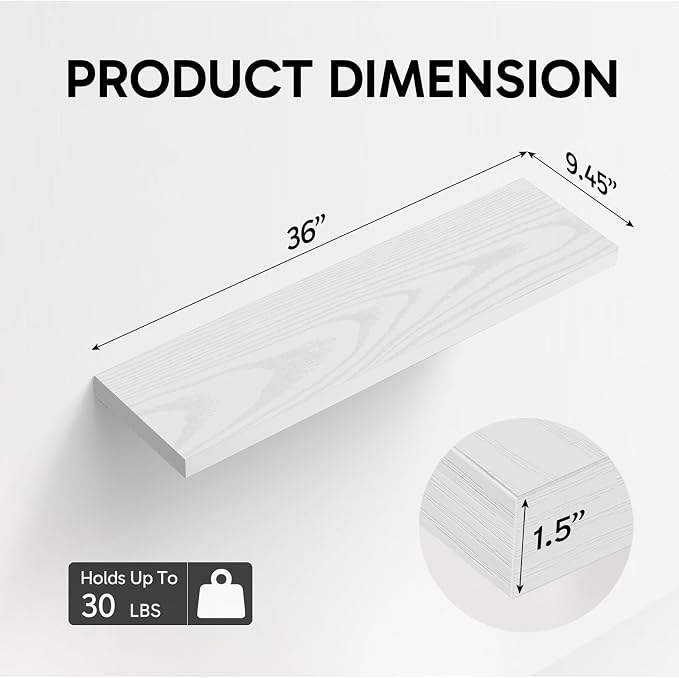 BAYKA White Floating Shelves for Wall, 36 inches Wall Mounted Rustic Wood - Image 3