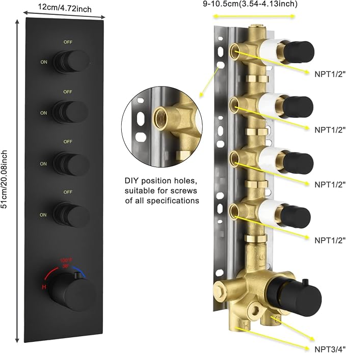 Brass Matte Black 4-Way Thermostatic Shower Diverter Valve - Image 2