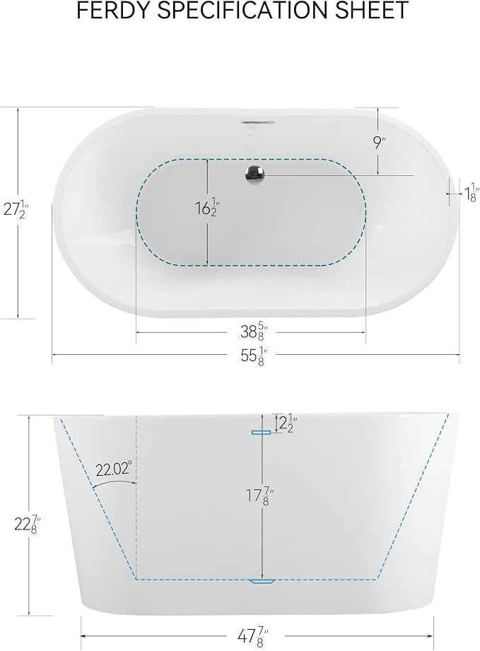 FerdY Luzon 55" Acrylic Freestanding Bathtub, Classic Oval Shape Soaking Bathtub - Image 4