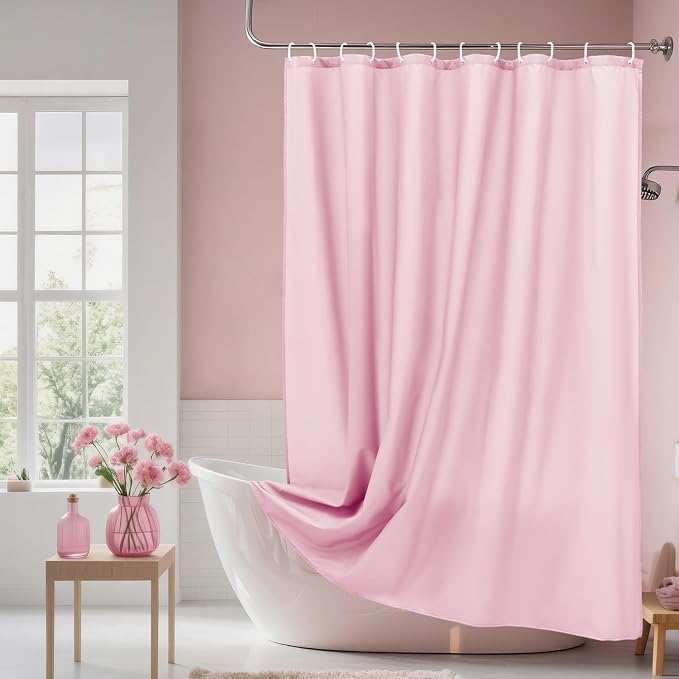 AooHome Solid Pink Shower Curtain, Fabric Weighted Hem Shower Liner - Image 2