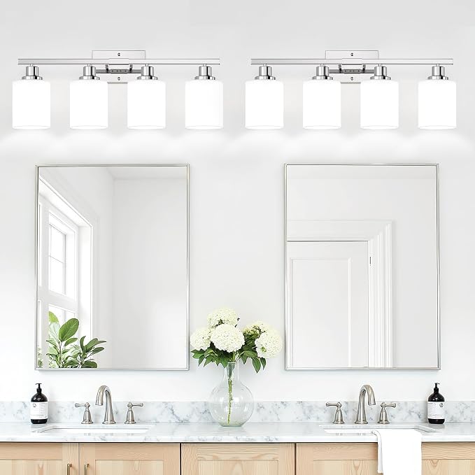 4-Light Vanity Light with Milky White Shades, Chrome Bathroom Lighting Fixtures - Image 4