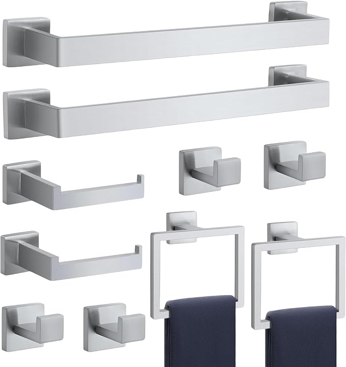 Bathroom Accessories Towel Bar Set: 10 Pieces Brushed Nickel Square Bathroom by PAHSFSLLC