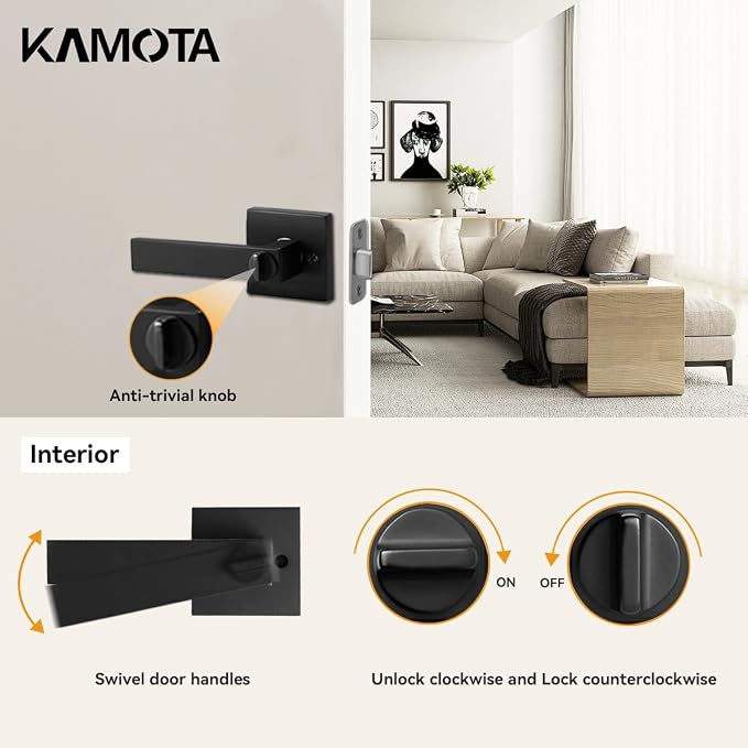 KAMOTA Privacy Door Levers, 5 Pack Matte Black Door Handles Bed and Bath Door - Image 4