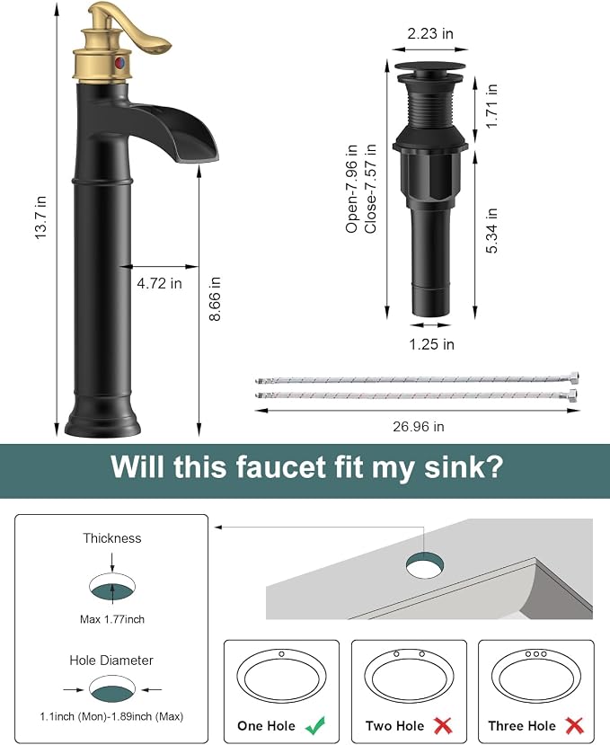 BWE Waterfall Vessel Sink Faucet Black and Gold Bathroom Faucet 1 Hole Single - Image 9