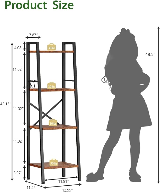 Furologee 4 Tier Ladder Bookshelf Narrow, Metal Wooden Ladder Shelf Bookcase - Image 3