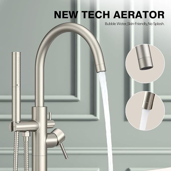 Freestanding Bathtub Faucet Brushed Nickel Tub Filler Floor Mount Free Standing - Image 5