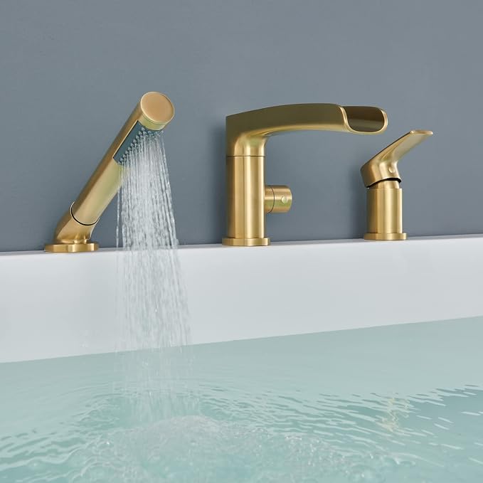Waterfall Roman Tub Faucet Brushed Gold Deck Mount Bathtub Faucets Brass Tub - Image 6