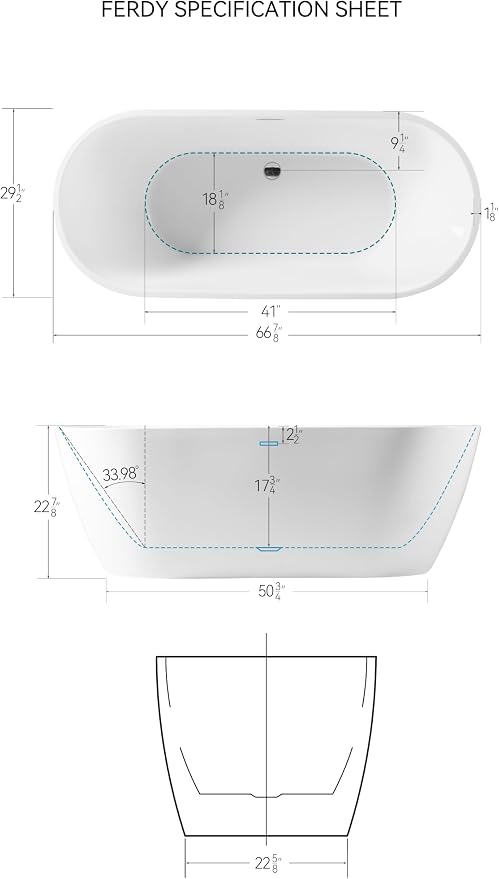 FerdY Bali 67" Acrylic Freestanding Bathtub, Ergonomic Lightweight Classic Oval - Image 4