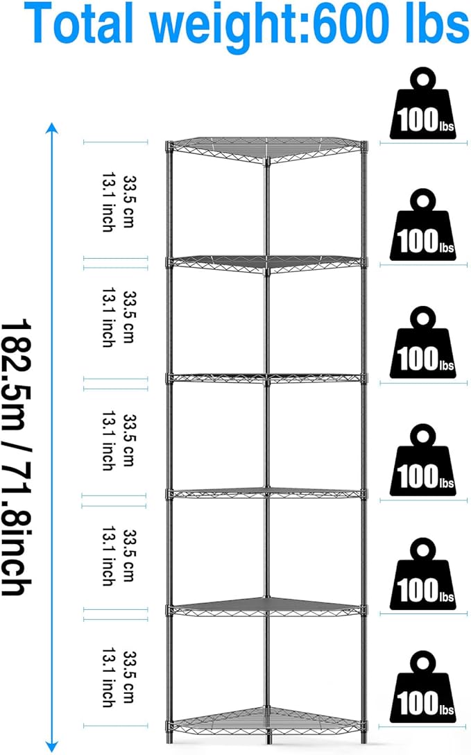 Black 6 Tier NSF Metal Pentagonal Corner Wire Shelving Units, 600lbs Storage - Image 3