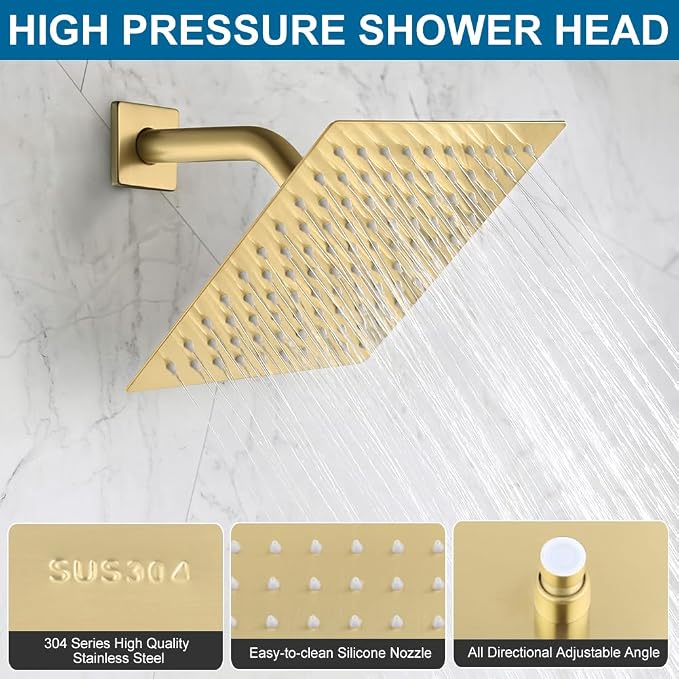 POP SANITARYWARE Shower Faucet Set Brushed Gold Bathroom Rainfall 8 Inch Shower - Image 3