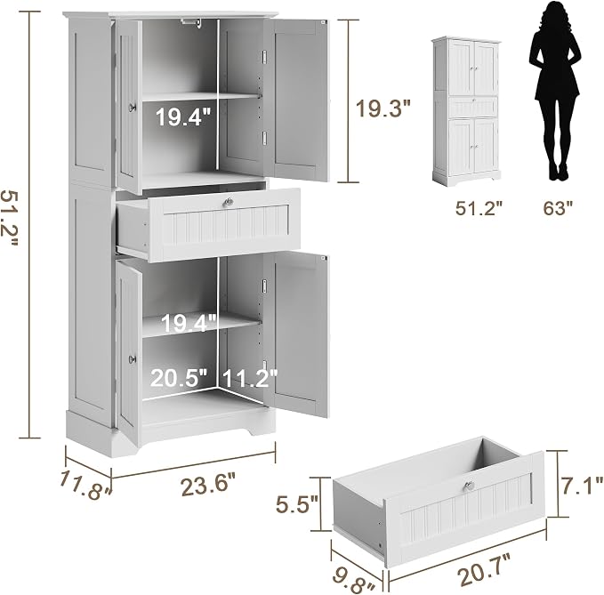 ChooChoo 51" H Tall Bathroom Floor Cabinet, Modern Bathroom Storage Cabinet - Image 3