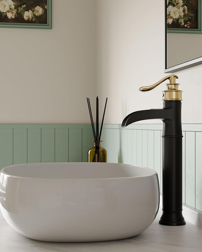 BWE Waterfall Vessel Sink Faucet Black and Gold Bathroom Faucet 1 Hole Single - Image 2