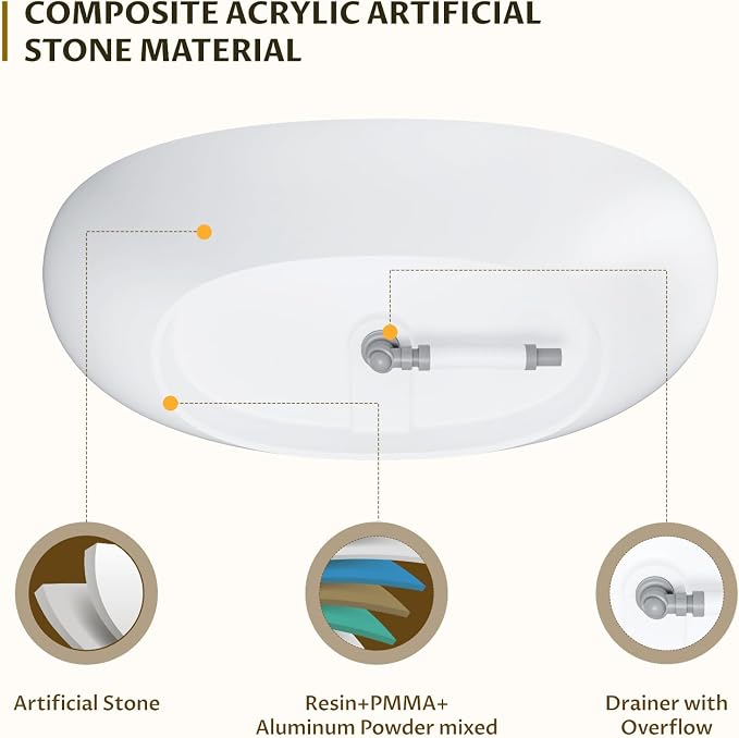 67" Resin Stone Freestanding Bathtub, Soaking Tub, Ergonomic Design, Easy - Image 6