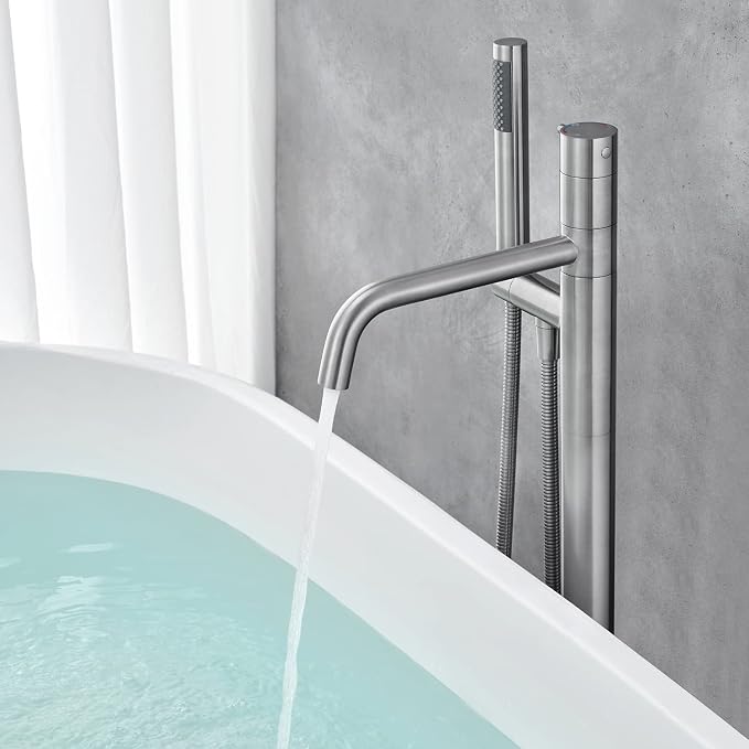Freestanding Bathtub Faucet Floor Mount Tub Filler Brushed Nickel Brass Single - Image 6