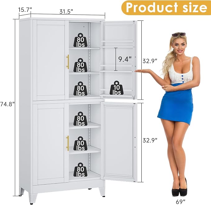 75" Tall Metal Kitchen Pantry Storage Cabinet, Freestanding Cupboard Storage - Image 3
