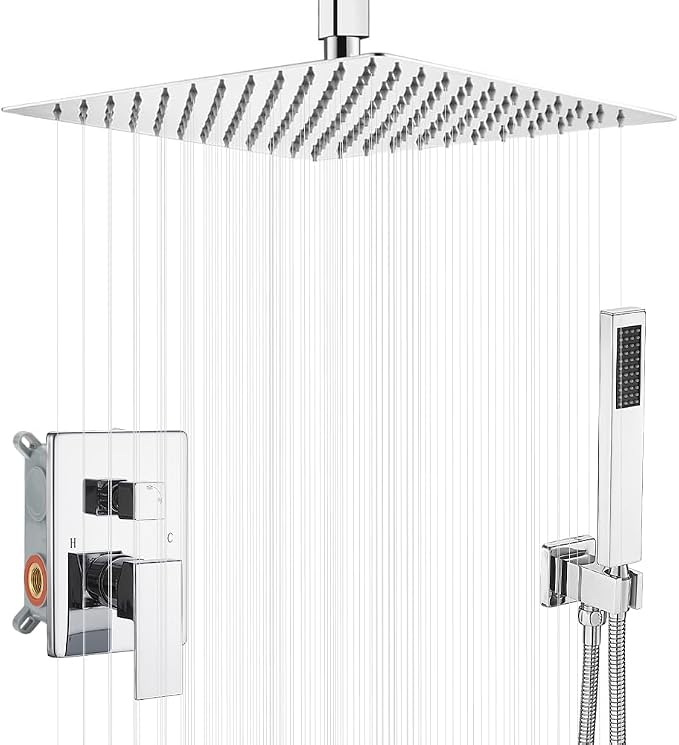 16 Inch Polished Chrome Ceiling Mount Shower System Bathroom Luxury Rain Mixer by YCAIKOI