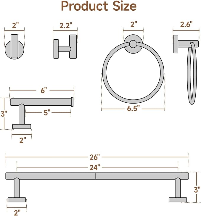 USHOWER Brushed Nickel Bathroom Hardware Set, Modern 24-Inch Towel Bar Set Wall - Image 7