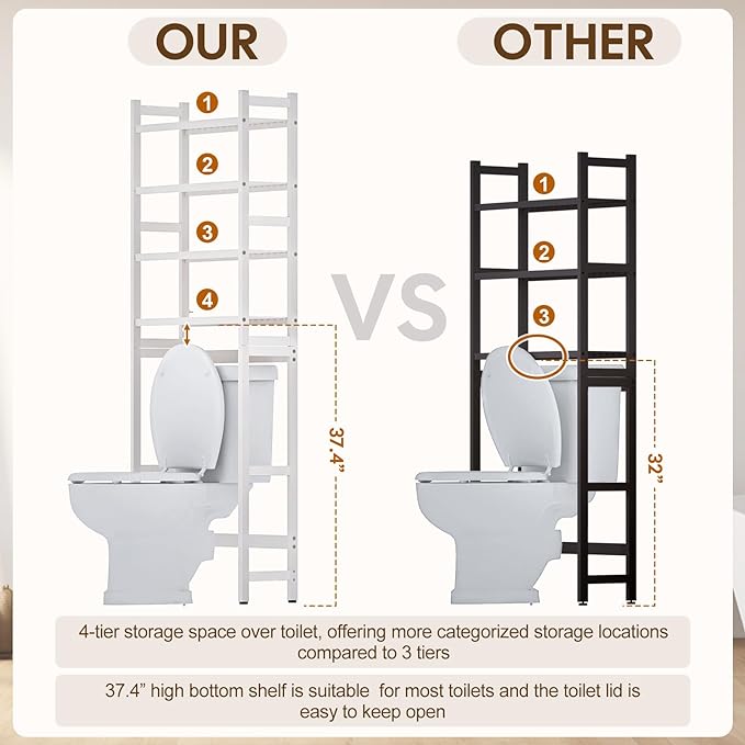 Over The Toilet Storage with 2 Baskets, 4-Tier Bamboo Organizer Rack with Paper - Image 3