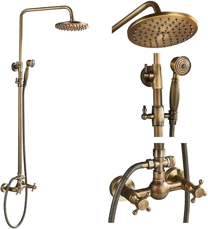 NeierThodore Antique Brass Bathroom Shower Faucet System Set 8 Inch Rainfall by NeierThodore