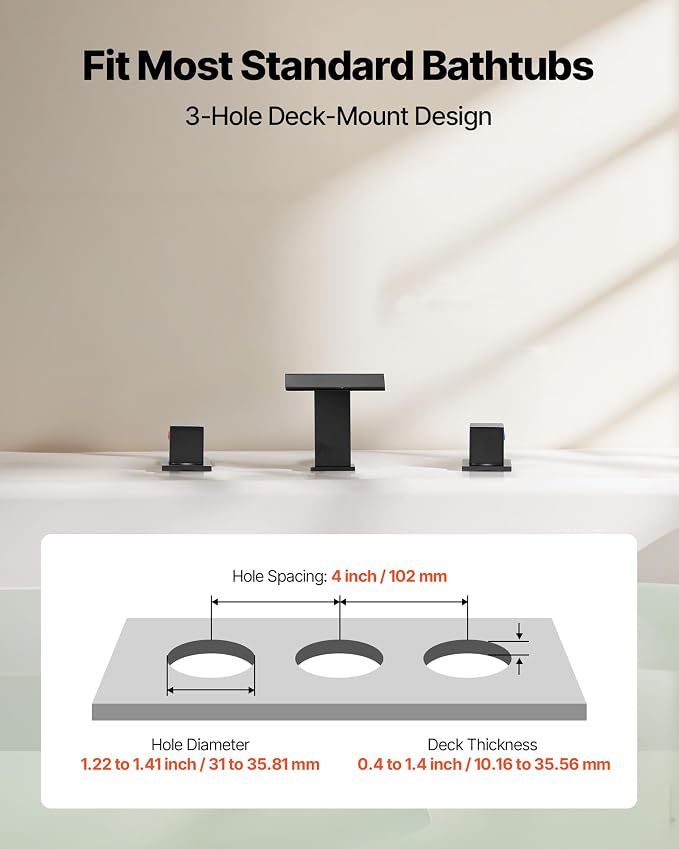 VEVOR Roman Tub Faucet, 3 Hole Waterfall Bathtub Faucet, Roman Bathtub Faucets - Image 3