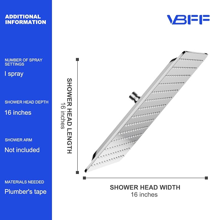 VBFF-Shower Head, rain shower head, 16 inch- Square Shower Head, 1.8 GPM Flow - Image 5