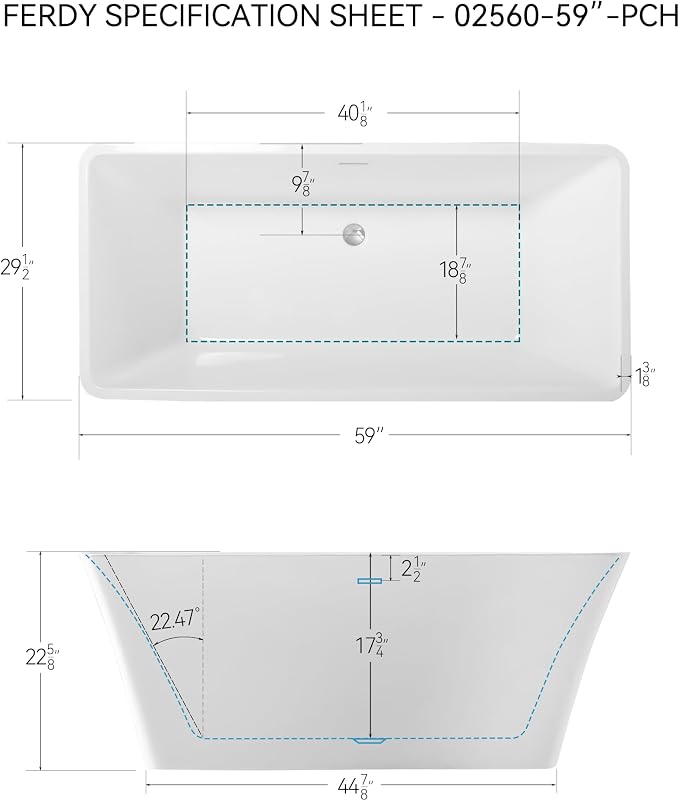FerdY Sentosa 59" Acrylic Freestanding Bathtub, Contemporary Design Soaking Tub - Image 7