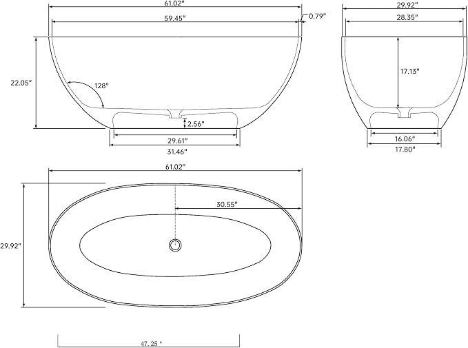 Stone Resin Freestanding Bathtub 61", Elegant Oval Shape Soaking Tub, Solid - Image 5