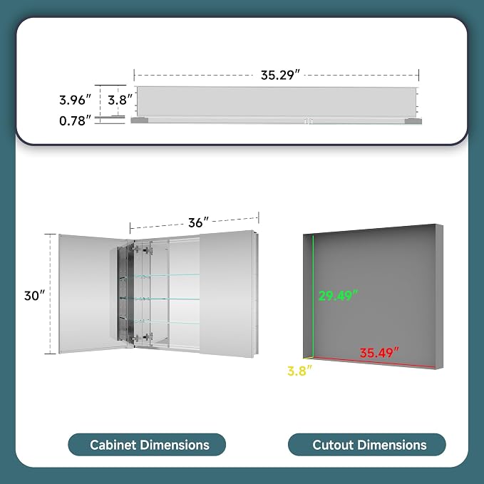 36"x30" Medicine Cabinet Mirror, Aluminum Silver Recessed Medicine Cabinet - Image 2