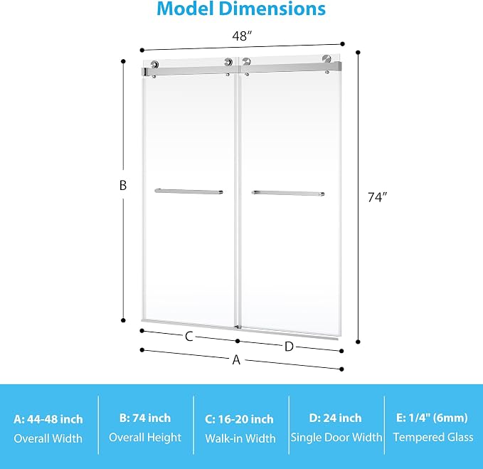 Stainless Steel Sliding Shower Door, 44-48" Adjustable Width x 74" Height - Image 2