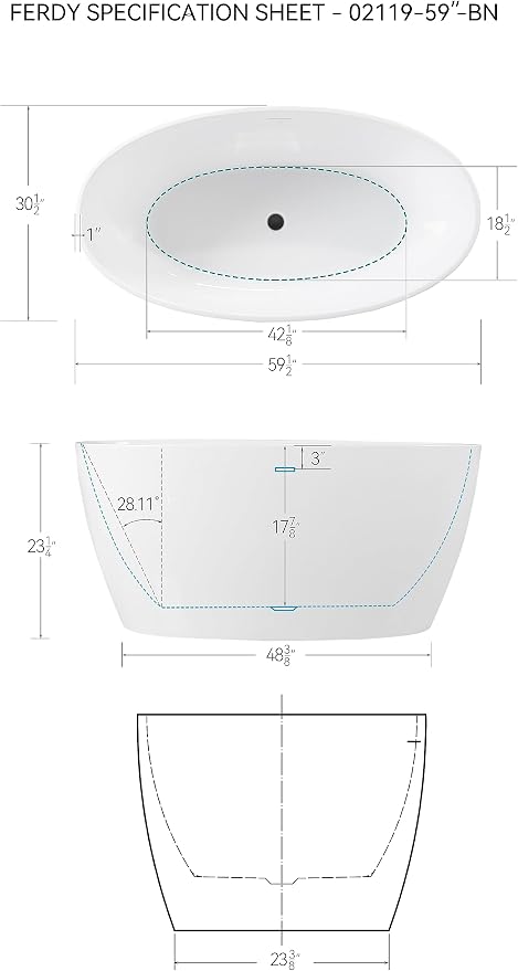 FerdY Tahiti 59" Acrylic Freestanding Bathtub, Elegant Oval Shape Soaking - Image 6