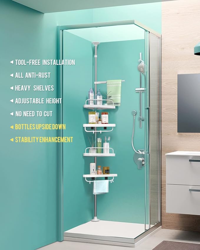 4 Layer Corner Shower Caddy, Stainless Steel ​Constant Tension Pole Shower - Image 2