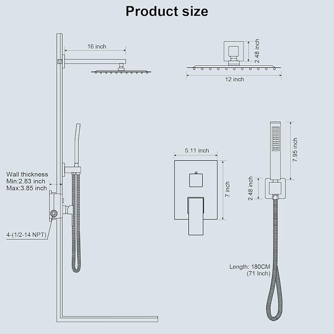 Black Shower System, Shower Faucet Set Bathroom Square Rain Shower Head and - Image 7