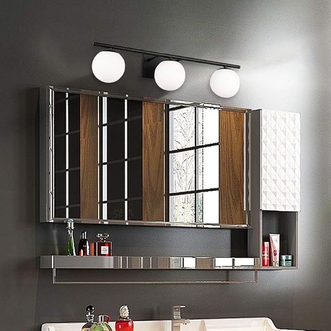New Bathroom Vanity Light Fixtures 3 Lights Brushed Black Milk White Globe - Image 5