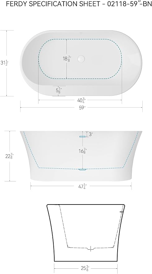 FerdY Mauritius 59" Acrylic Freestanding Tub, Oval Contemporary Soaker Tub - Image 4