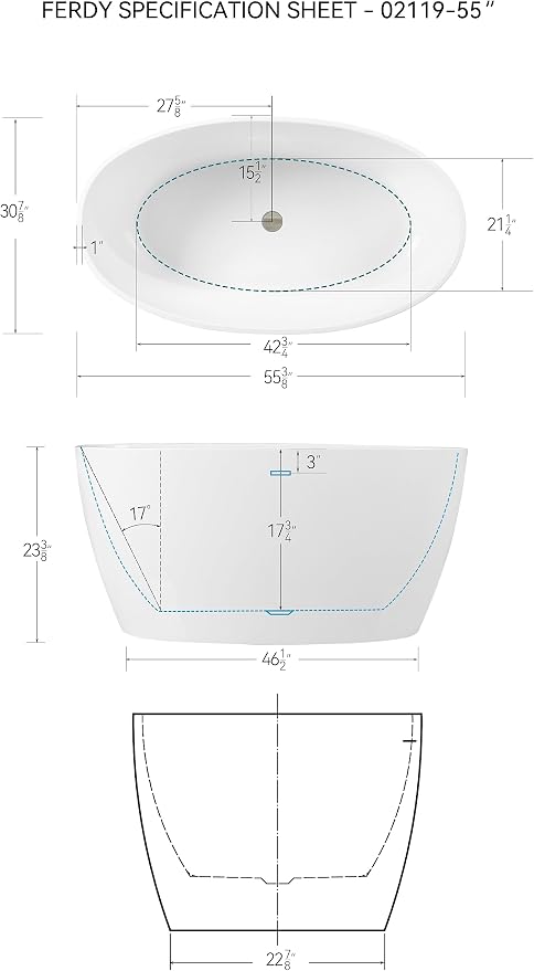FerdY Tahiti 55" Acrylic Freestanding Bathtub, Elegant Oval Shape Soaking - Image 9
